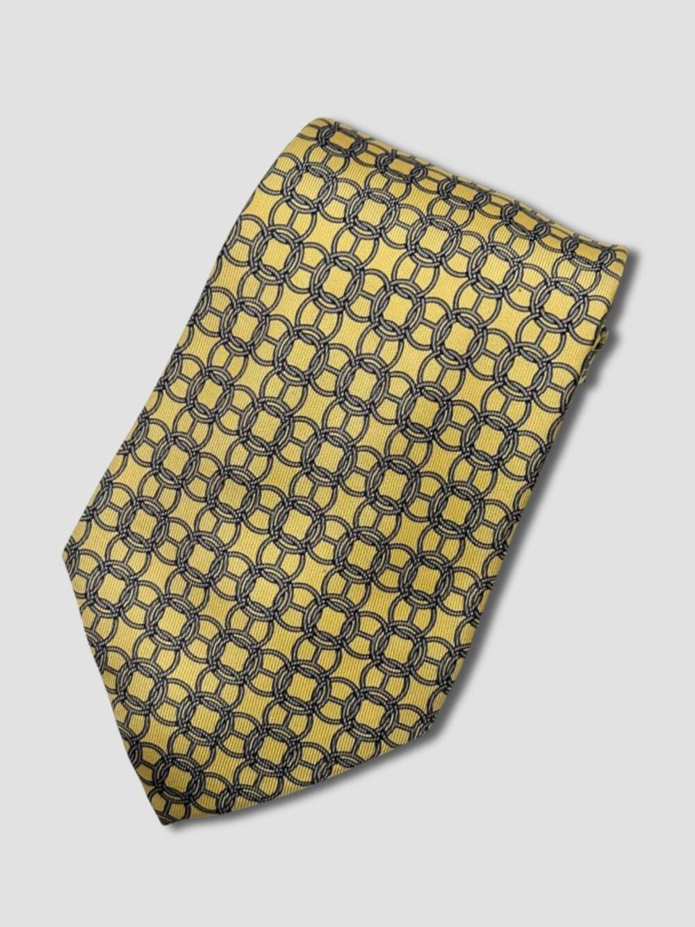 HERMES Yellow Grey Circle Link Pattern Silk Tie